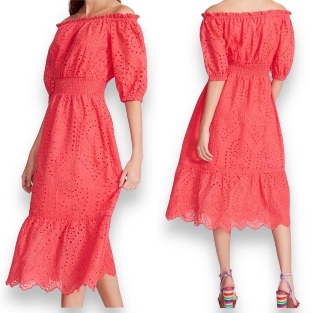 Off-Shoulder Eyelet Midi Dress in Coral